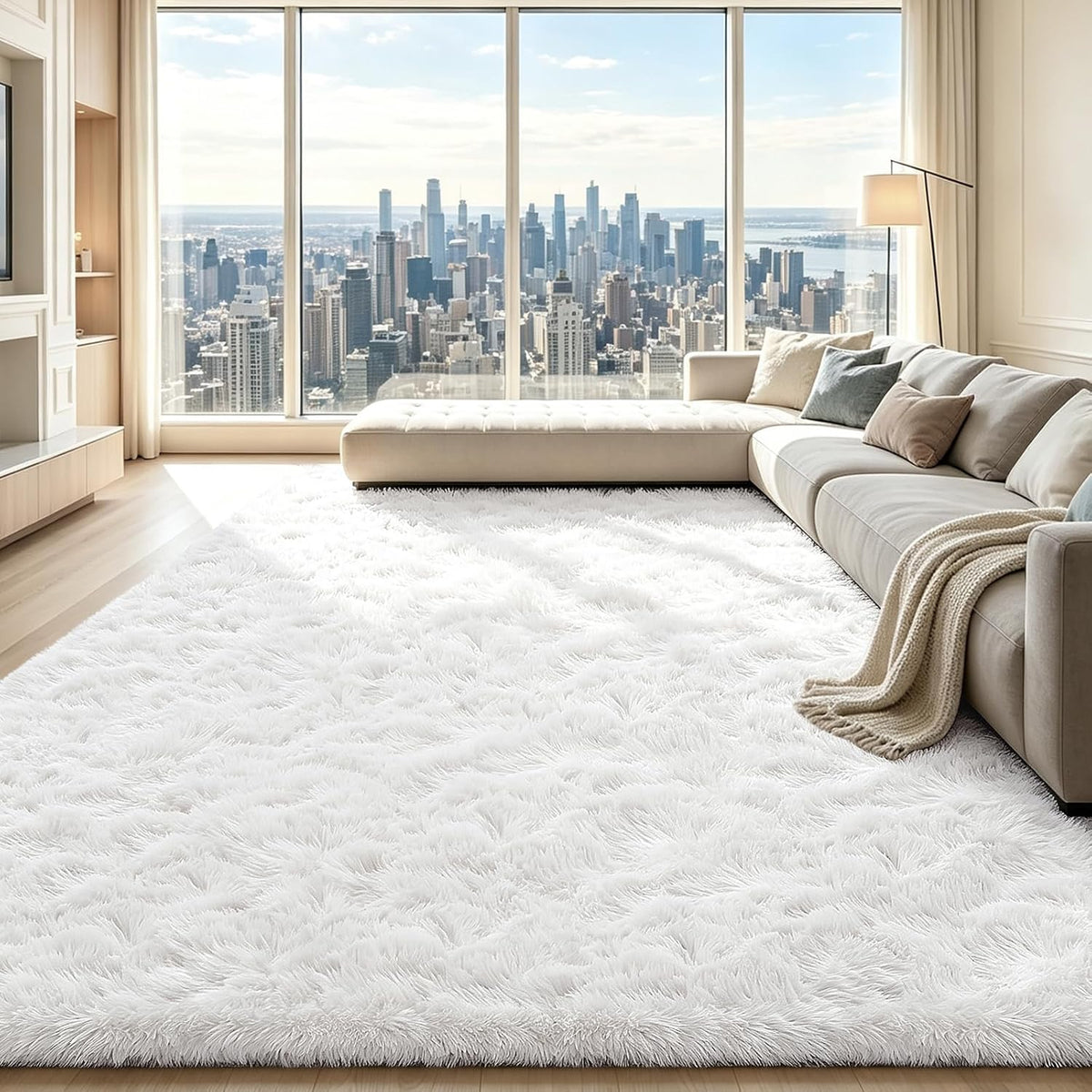 Mottled Beige 9x12 Area Rugs for Living Room, Fluffy Shag Rug Large Carpet