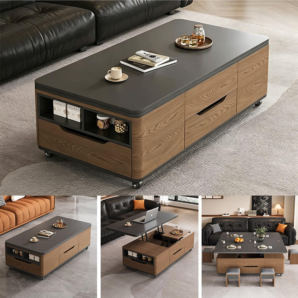 3‑in‑1 Lift‑Top Coffee‑Table with Storage Drawers & Rolling Casters