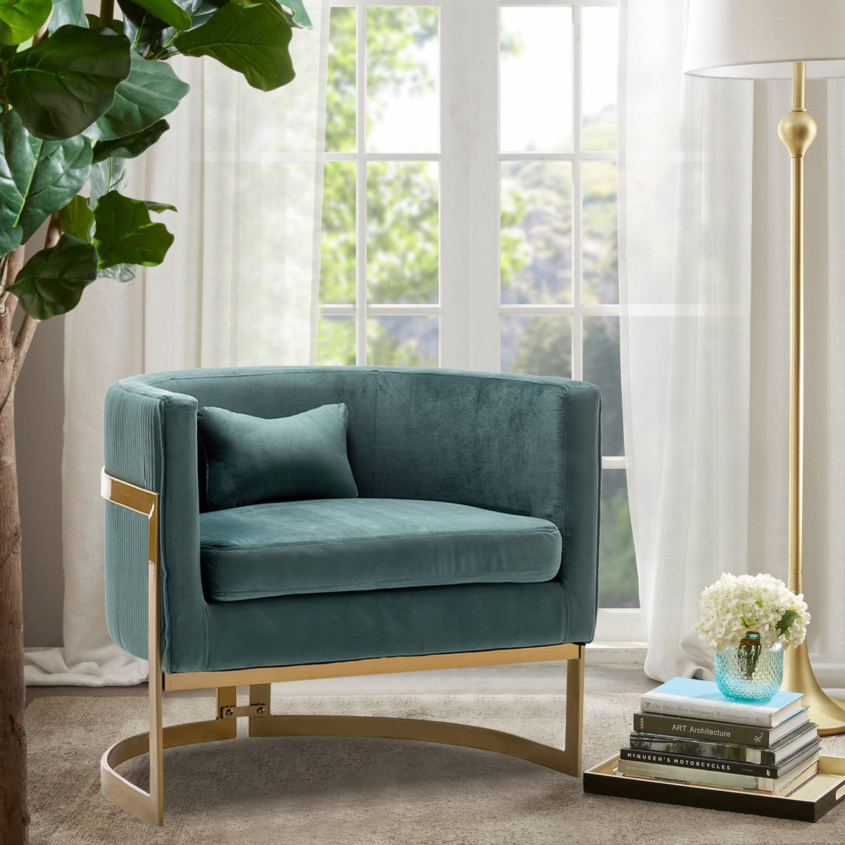 Velvet Accent Chair Ivory Modern Barrel Chair with Gold Legs
