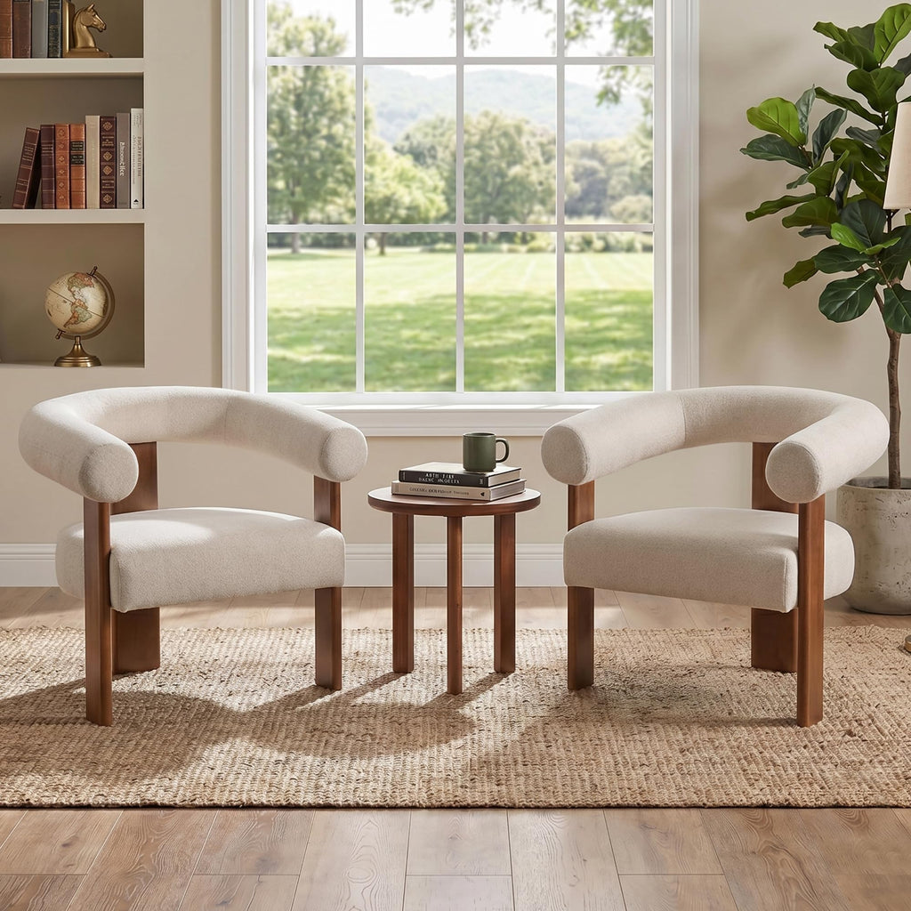 Usaint Upholstered Barrel Accent Chair with Walnut Wood Legs and Armrests