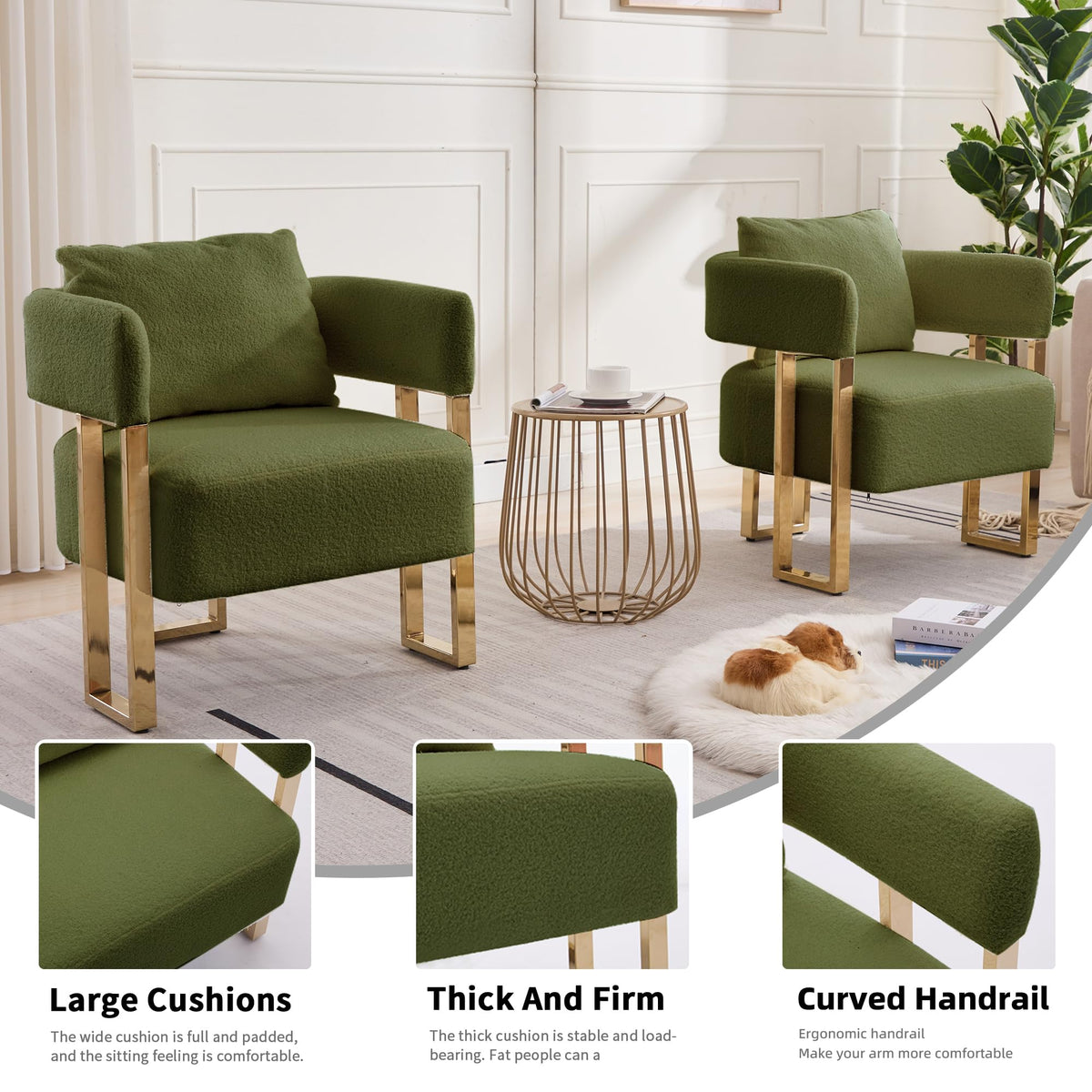 Upholstered Barrel Accent Chairs with Gold Legs – Set of 2