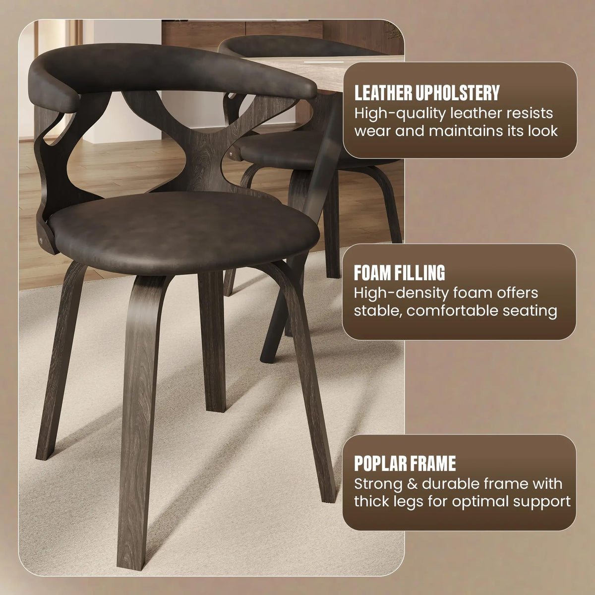 LeisureMod Klyne Leather Dining Chair with Poplar Wood Frame – Mid-Century Wooden