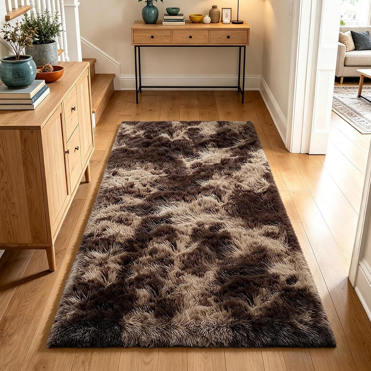 Mottled Beige 9x12 Area Rugs for Living Room, Fluffy Shag Rug Large Carpet