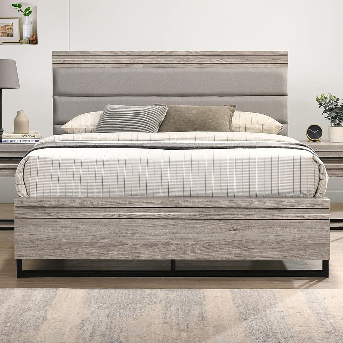 Upholstered Wall Bed with LED Lights & Nightstands