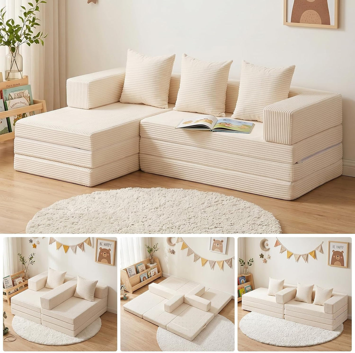 65" Beige L-Shaped Corduroy Sectional Sofa