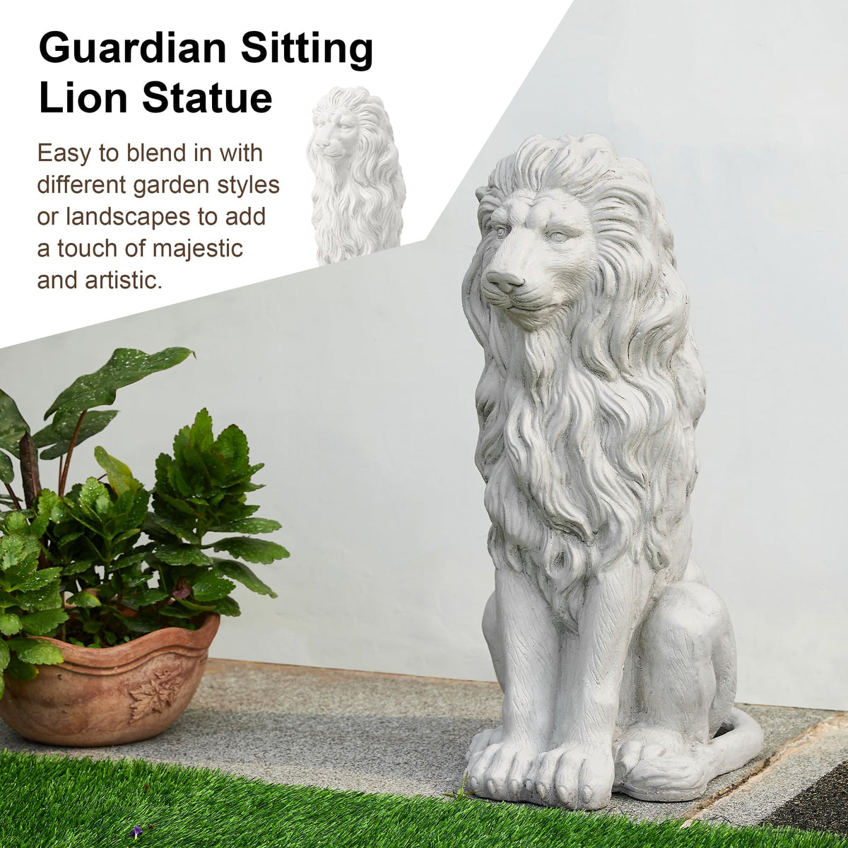 Glitzhome Guardian Sitting Lion Statue Regal Indoor and Outdoor Garden Sculpture