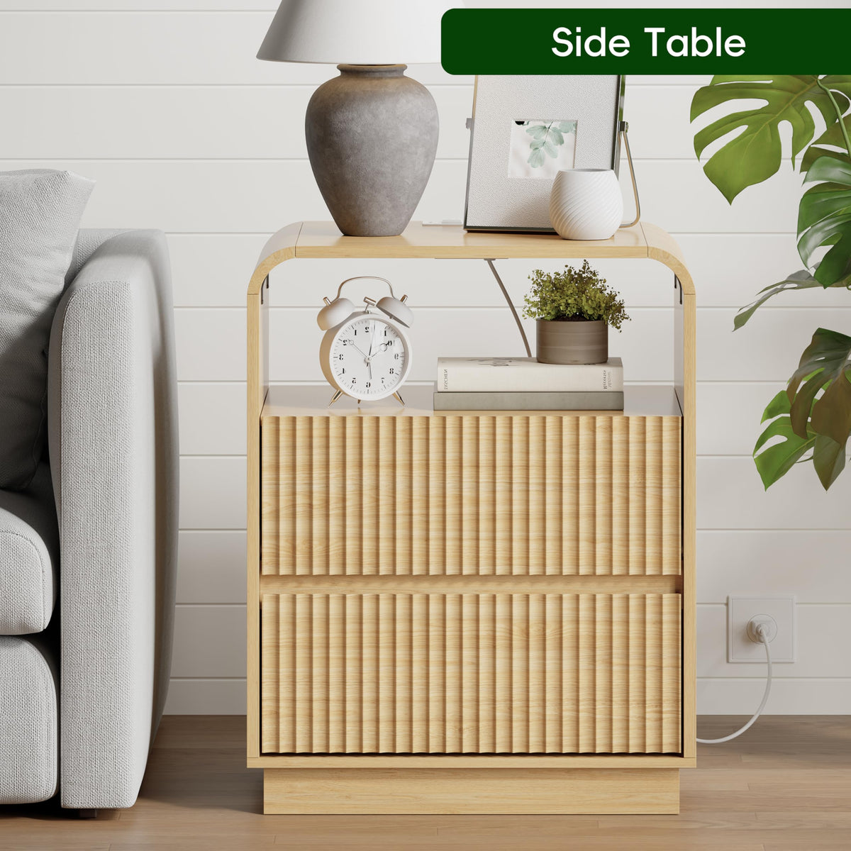 Fluted Nightstands with Charging Station, Set of 2