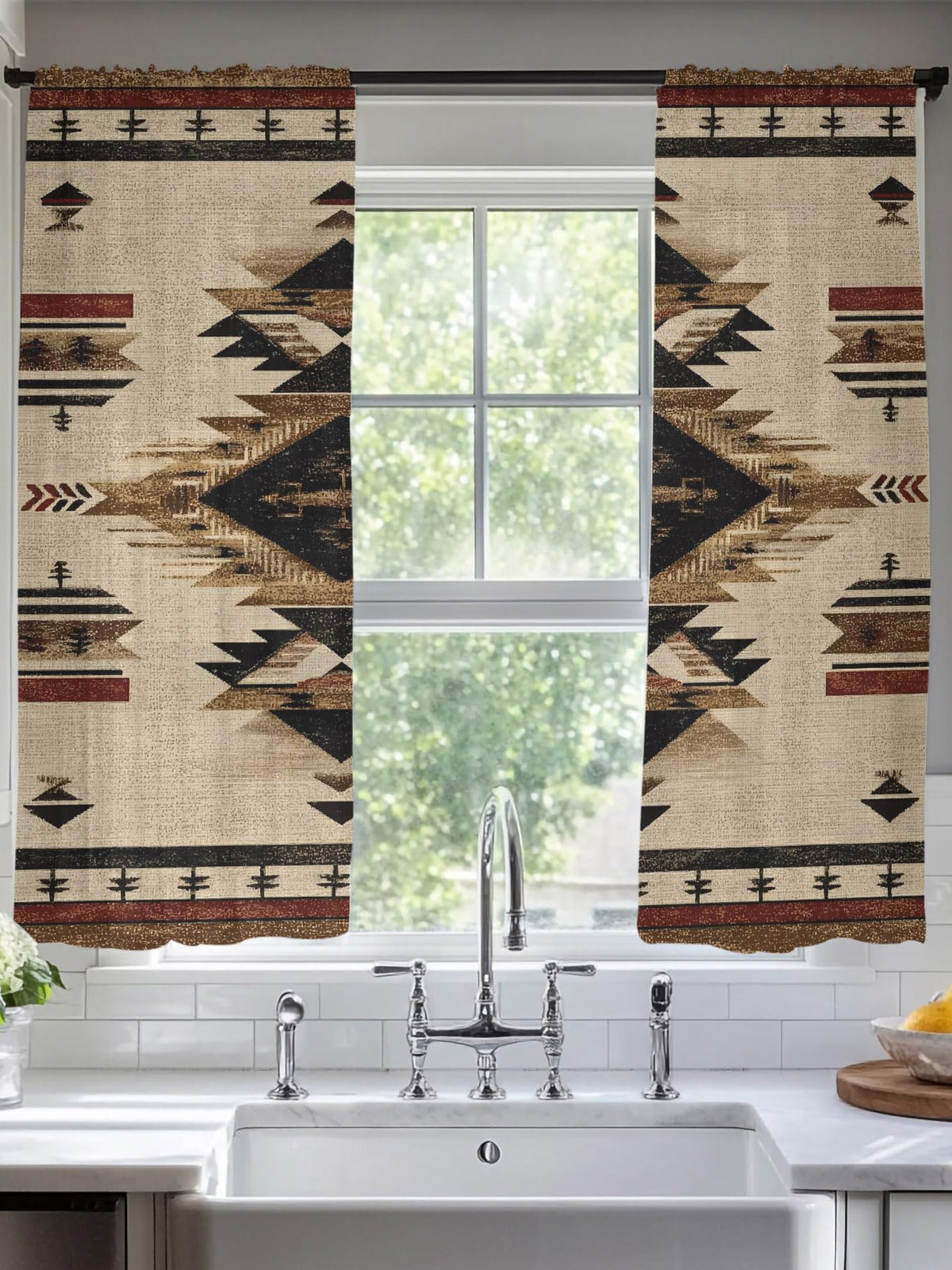 Brown Geometric Sheer Curtains, Set of Two