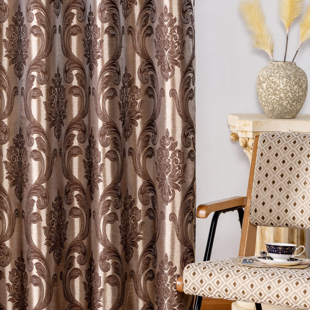 Brown Damask Grommet Curtains, Set of Two