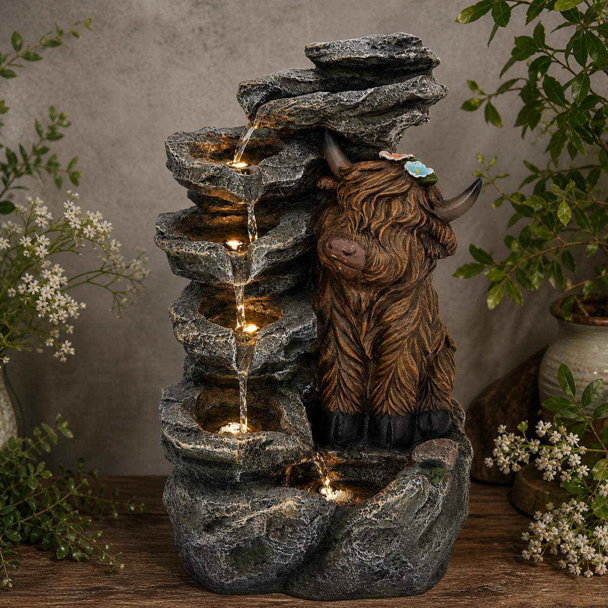 23" H Tiki Statue Outdoor Water Fountain with LED Lights