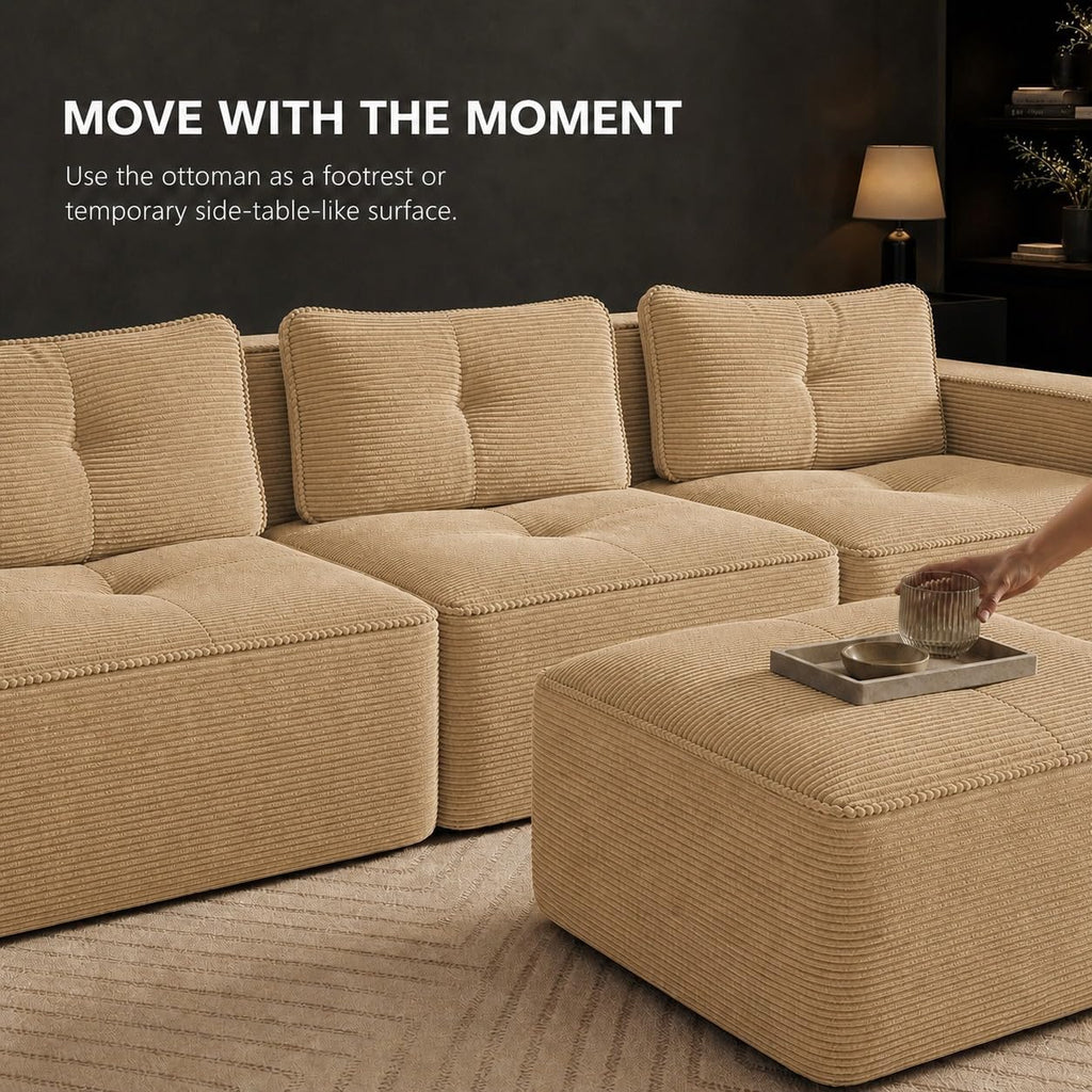 Camel Couch, Corduroy Couch, Boneless Modular Sectional Sofa Set, 5-Seat, Oversized
