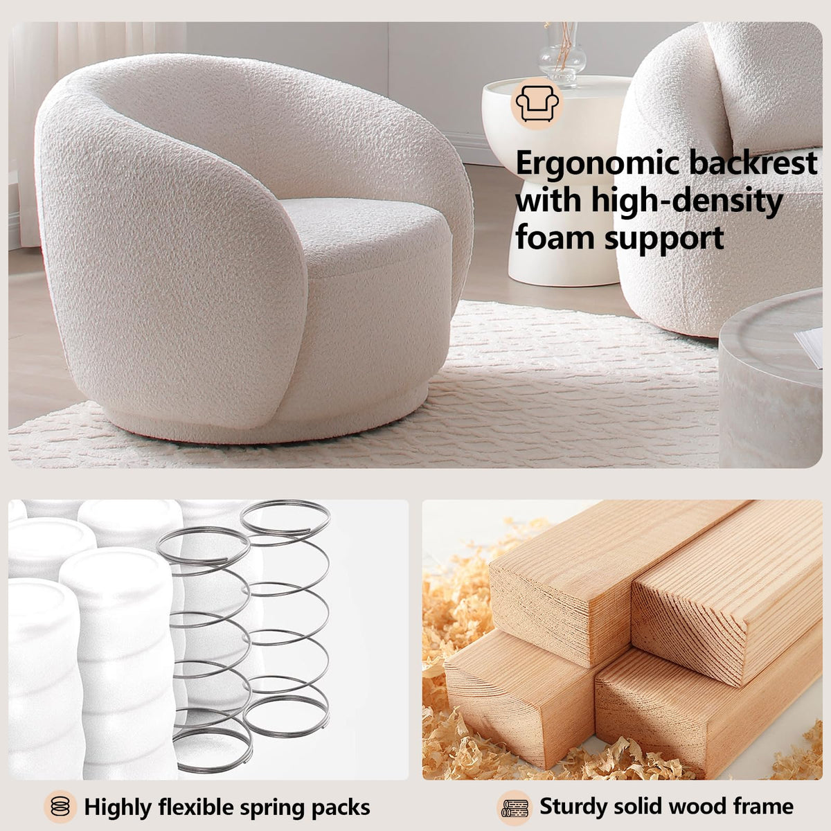 Oversized Boucle Accent Chair, Cream White Sherpa Wingback Chair