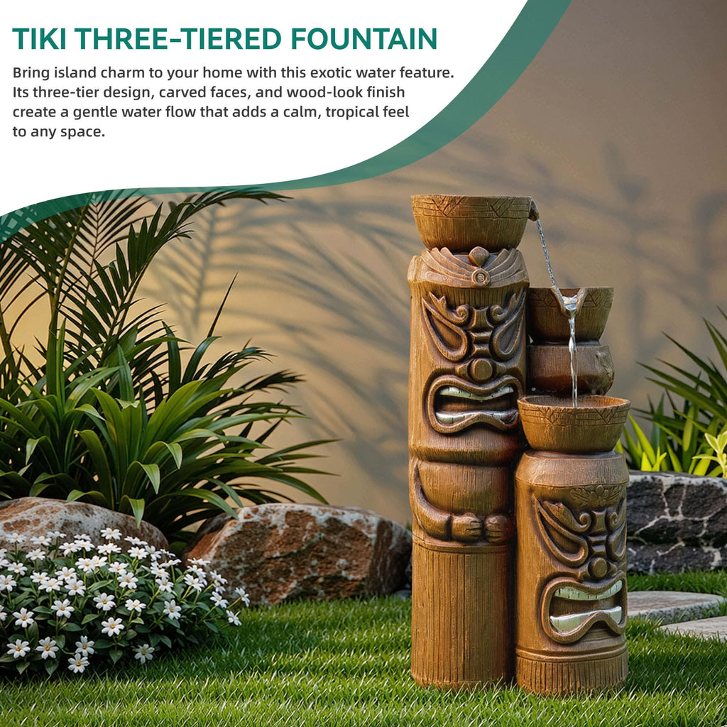 23" H Tiki Statue Outdoor Water Fountain with LED Lights