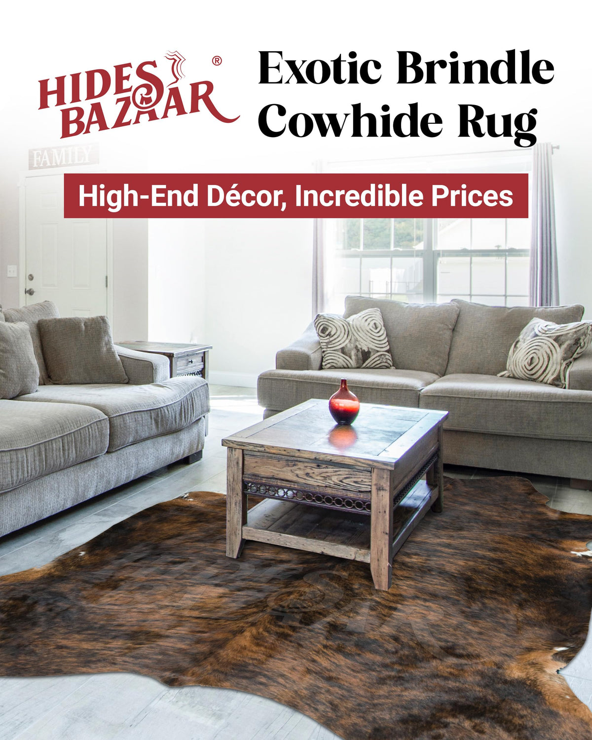 HIDES BAZAAR Brown Brindle Cowhide Rug 5x7 ft, Real Hair on Hide Area Rug