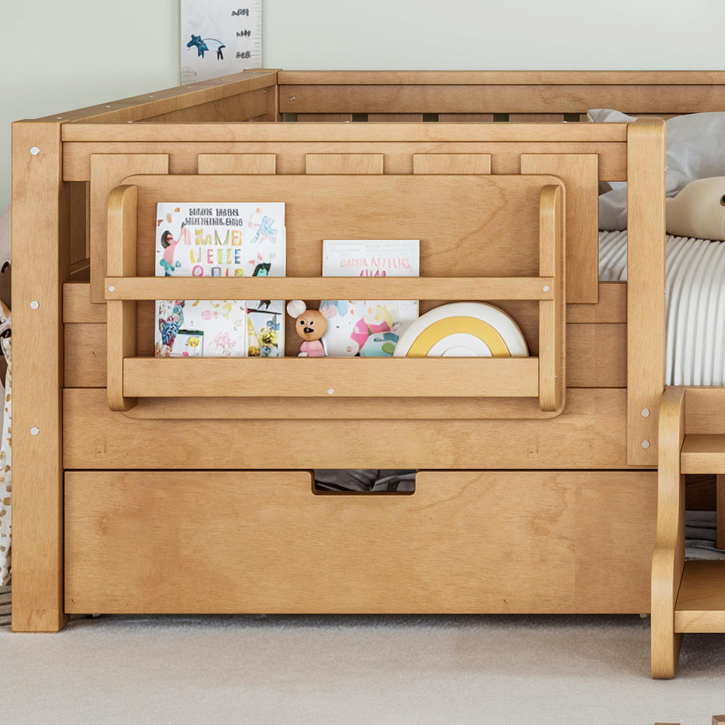Montessori Bed with Stairs, Bookshelf & Storage Drawers