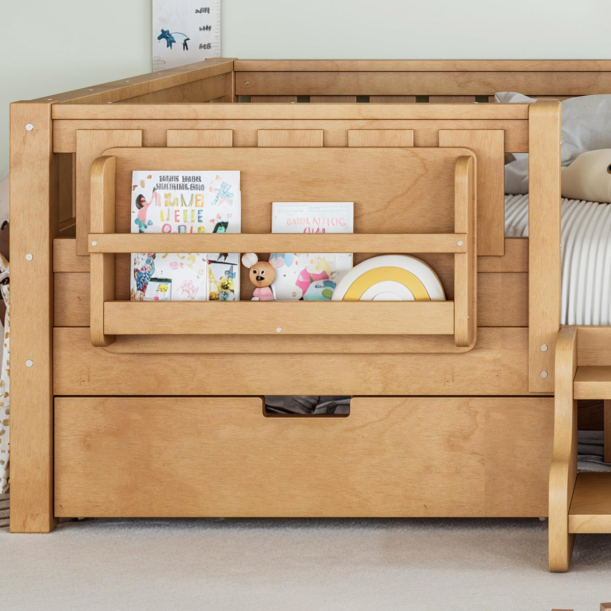 Montessori Bed with Stairs, Bookshelf & Storage Drawers