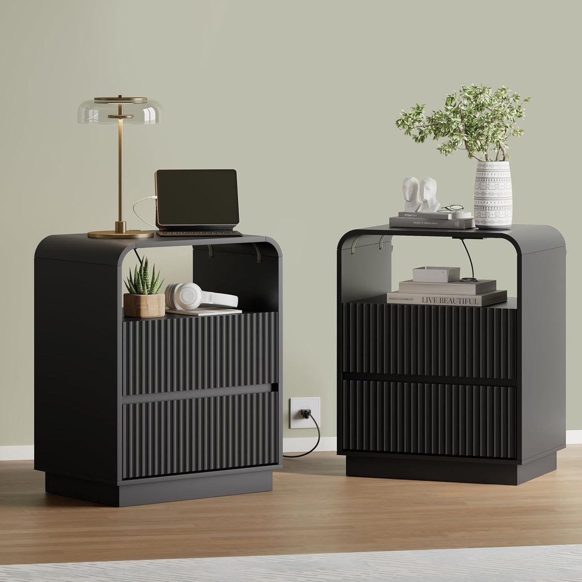 Fluted Nightstands with Charging Station, Set of 2