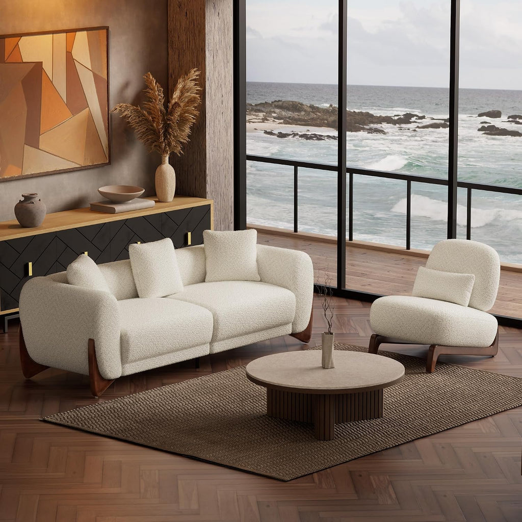 Morden Fort Boucle Chair, Upholstered Accent Chair Tilted Wooden Leg, White