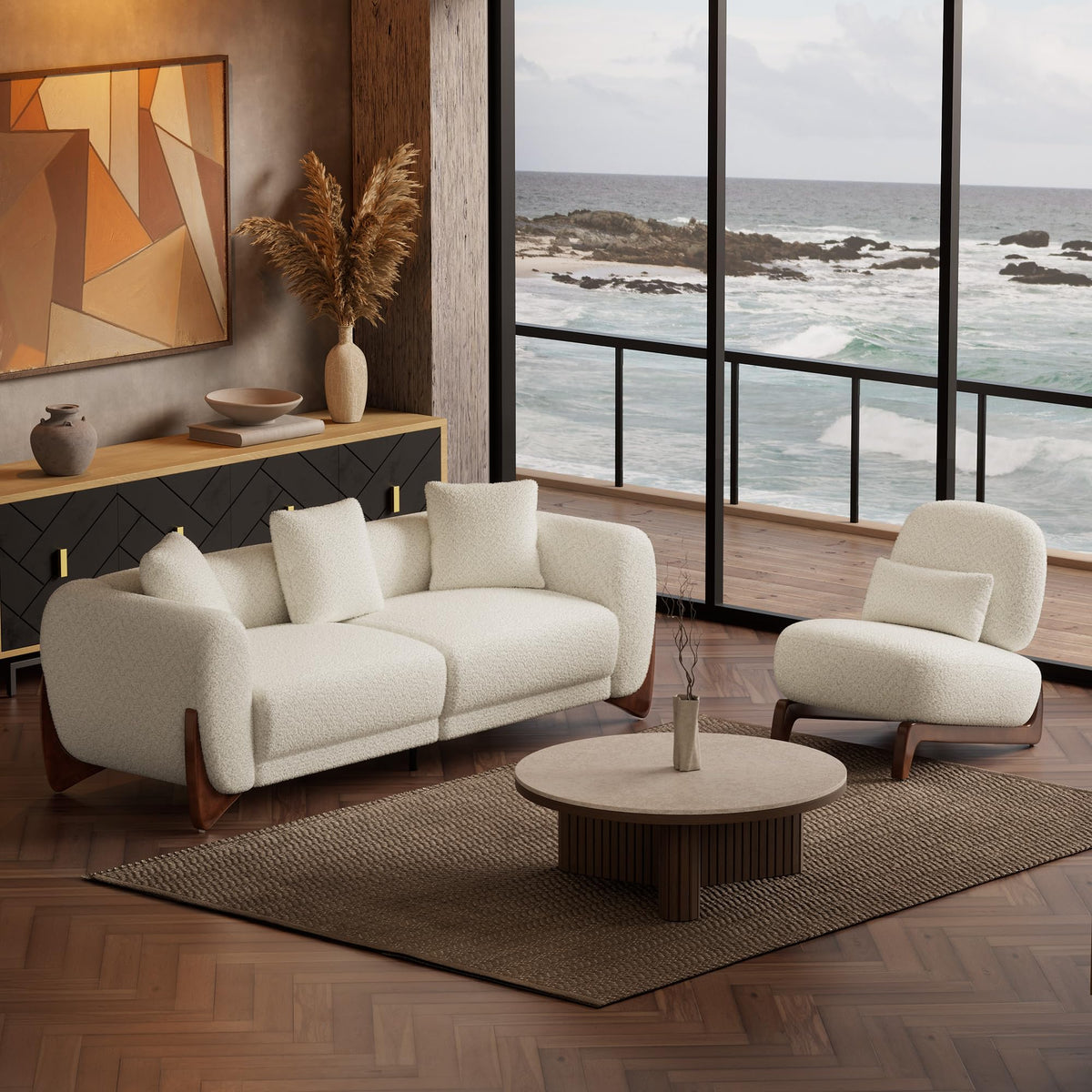 Morden Fort Boucle Chair, Upholstered Accent Chair Tilted Wooden Leg, White
