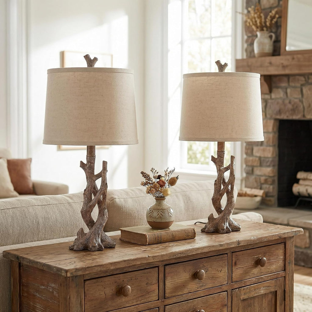 Rustic Tree-Trunk Table Lamp with Oatmeal Shade