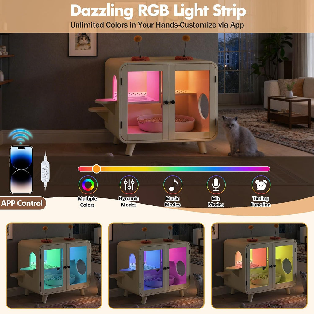 Cat Hidden Litter Box Enclosure with RGB LED Light, TV-Style Cat Litter Box Furniture Cabinet with Glass Doors, Side Stairs, Litter Leak Walkway & Pom-Pom Toys, Cat House Washroom, Beige