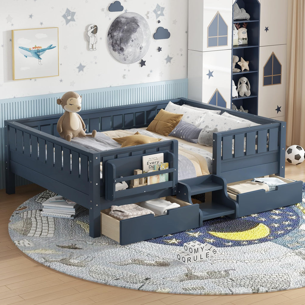Montessori Bed with Stairs, Bookshelf & Storage Drawers