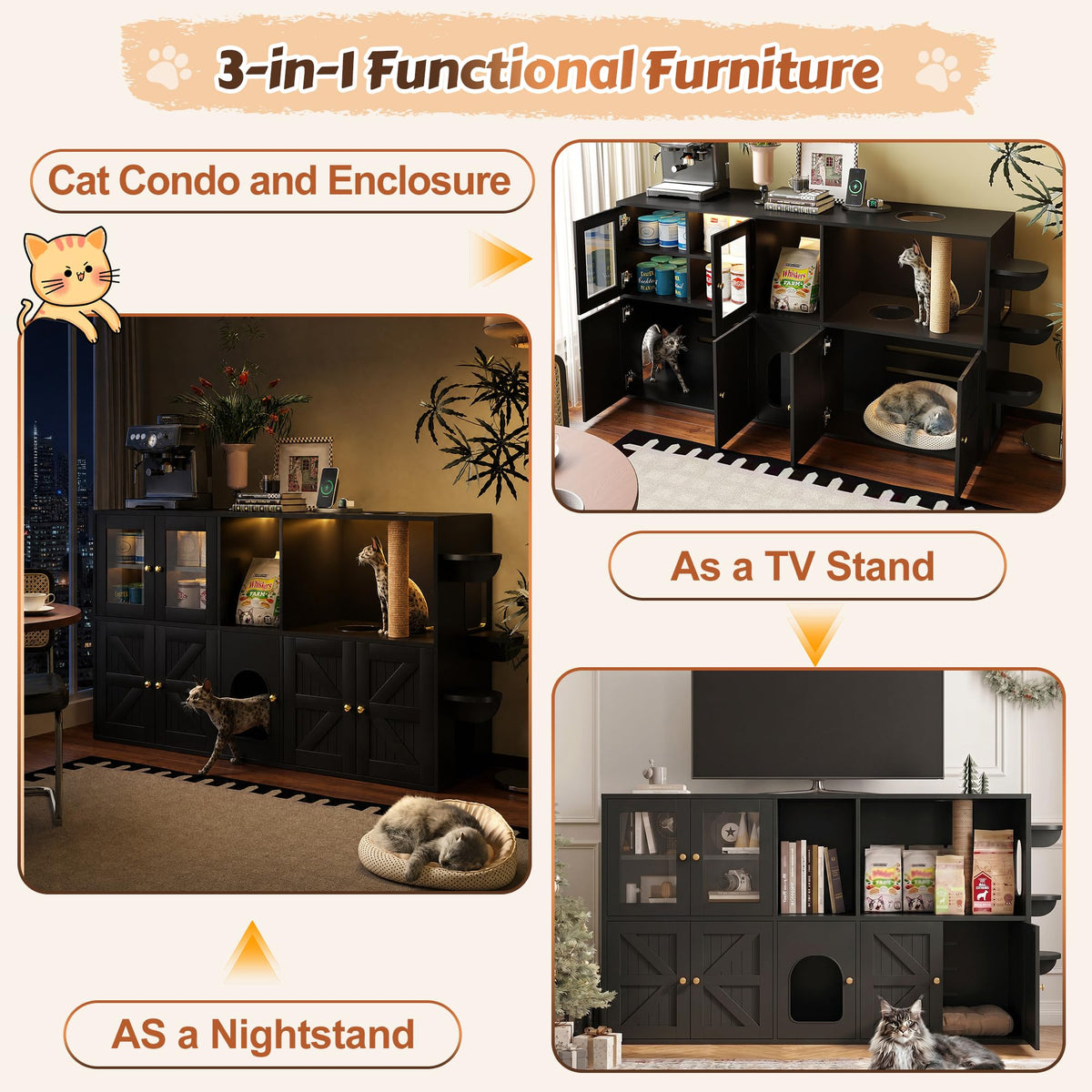 39.4 Inch 3-Tier Hidden Litter Box Furniture, Black/Brown