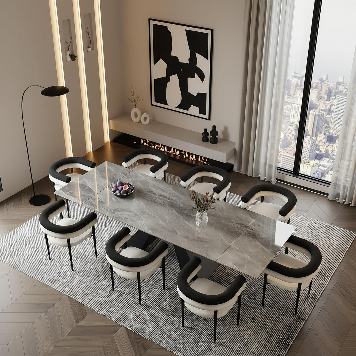 9 Piece Marble Expandable Table Set with 8 Comfy Dining Chairs