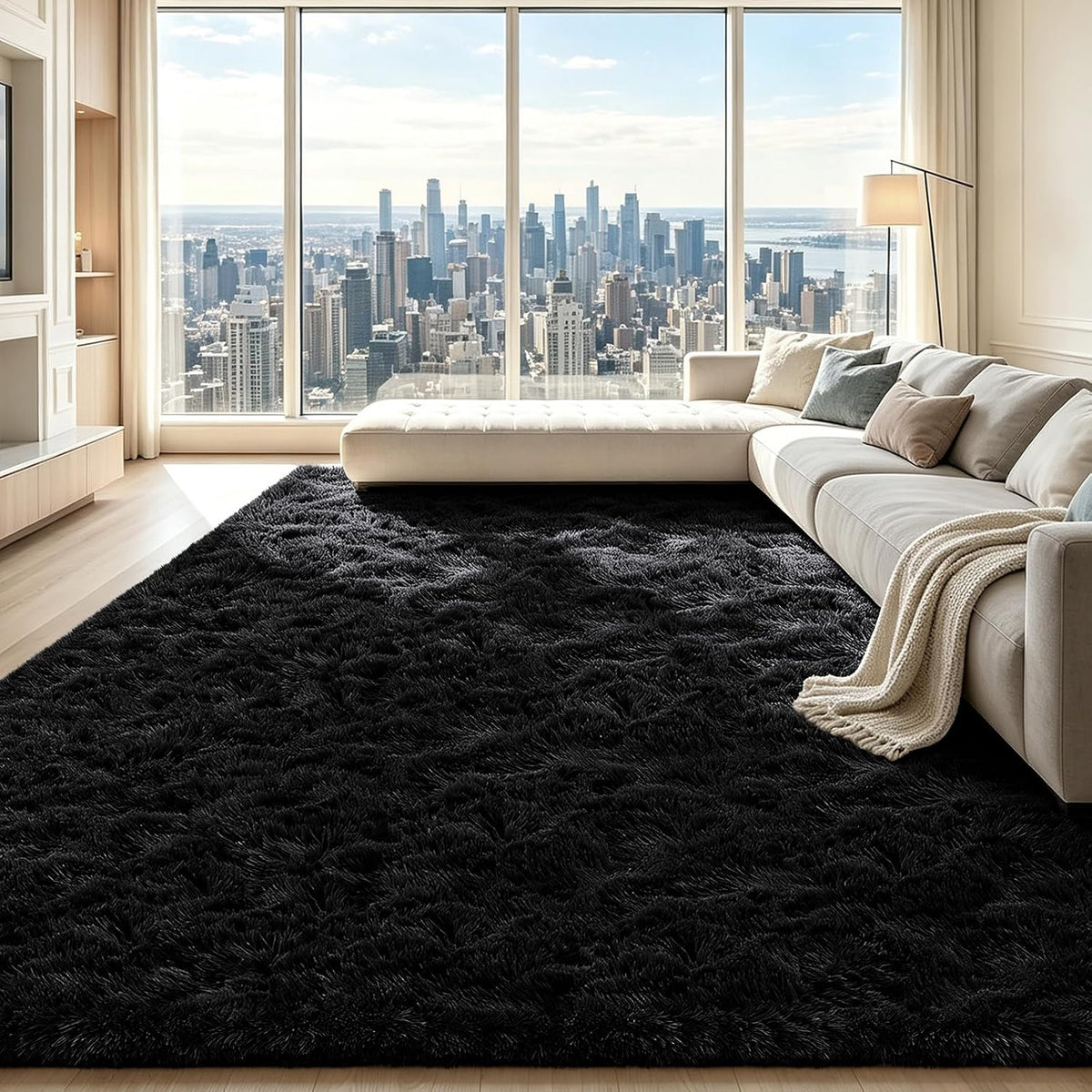 Mottled Beige 9x12 Area Rugs for Living Room, Fluffy Shag Rug Large Carpet