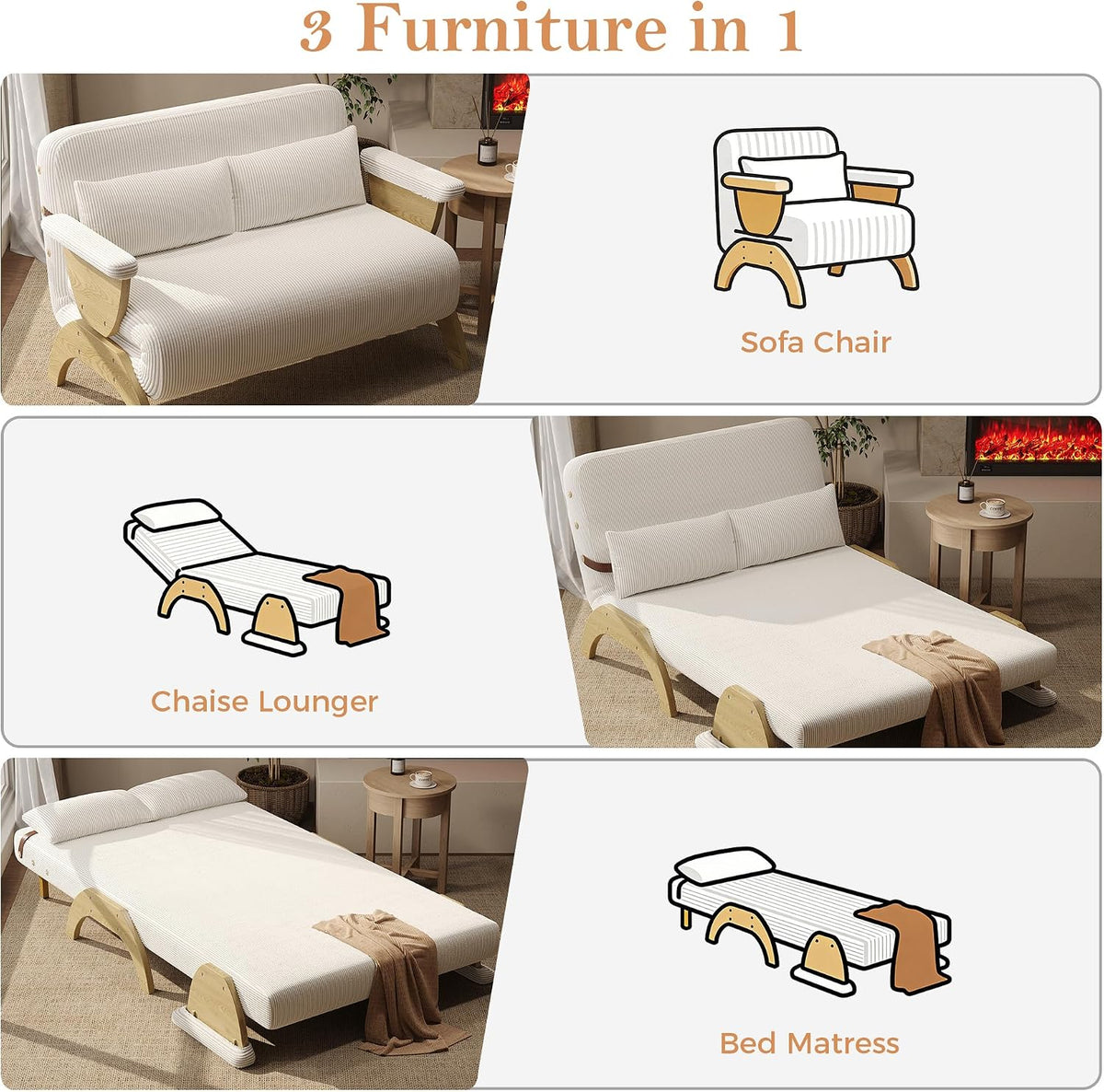 JASIWAY 47" 3-in-1 Convertible Sofa Sleeper Chair Bed for Adults, Futon