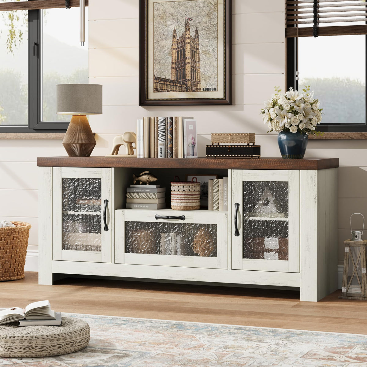 Farmhouse TV Stand with Rippled Acrylic Doors