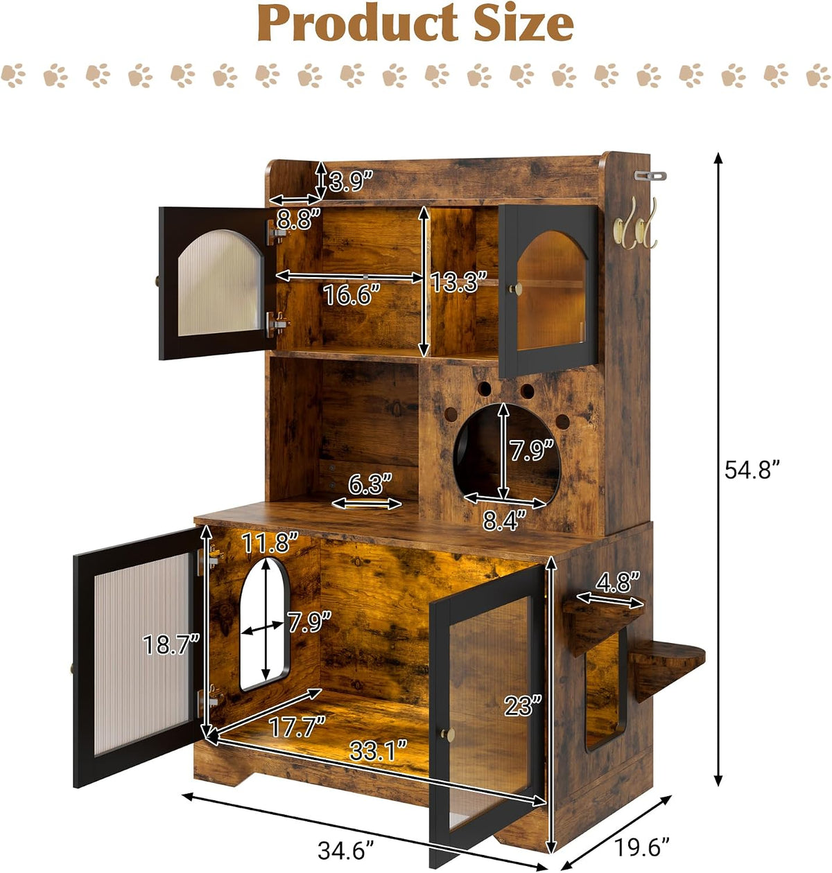 39.4 Inch 3-Tier Hidden Litter Box Furniture, Black/Brown