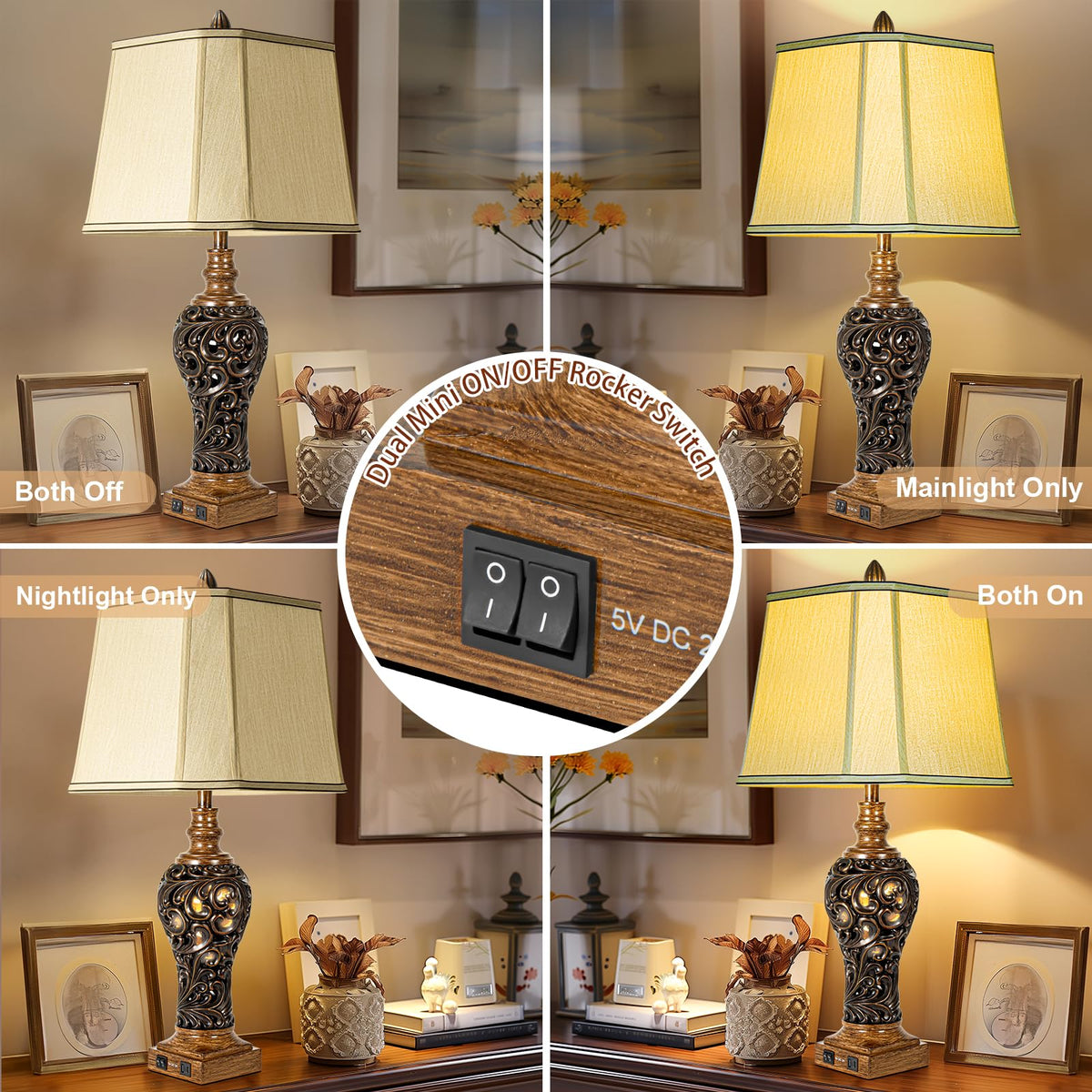28.5" Farmhouse Table Lamp Set with Nightlights