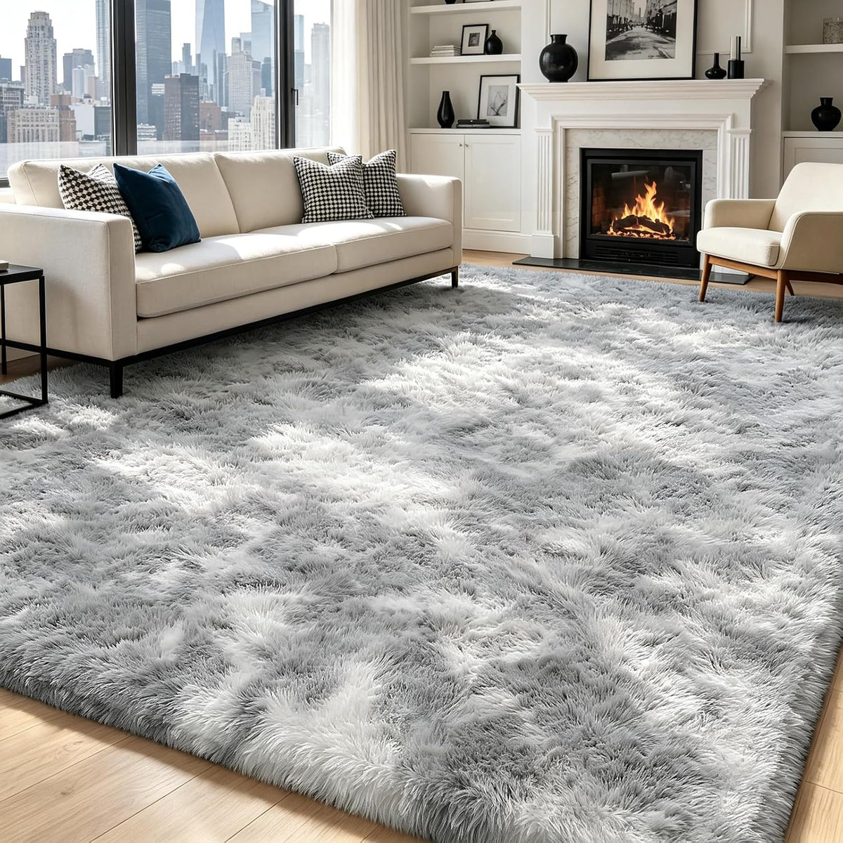 Mottled Beige 9x12 Area Rugs for Living Room, Fluffy Shag Rug Large Carpet
