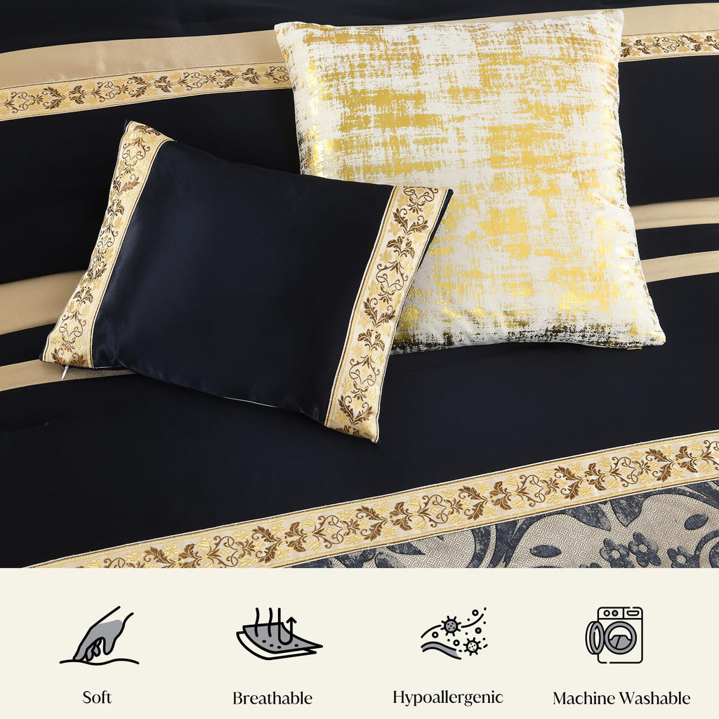 CozyDH Black Gold Jacquard Comforter Set California King, 7PCS Bed in a Bag