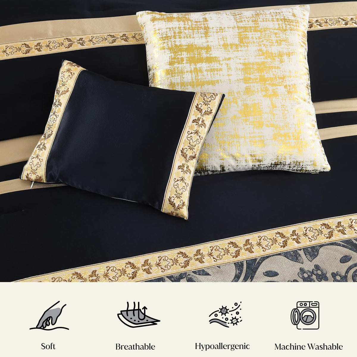 CozyDH Black Gold Jacquard Comforter Set California King, 7PCS Bed in a Bag