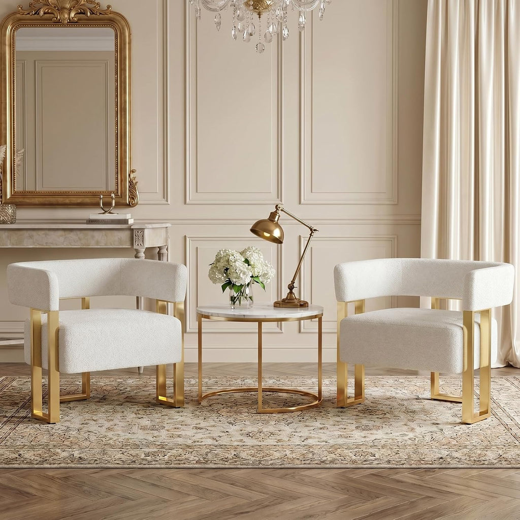 Modern Accent Chair Set of 2, Barrel Chairs, White Arm Chairs Living Room