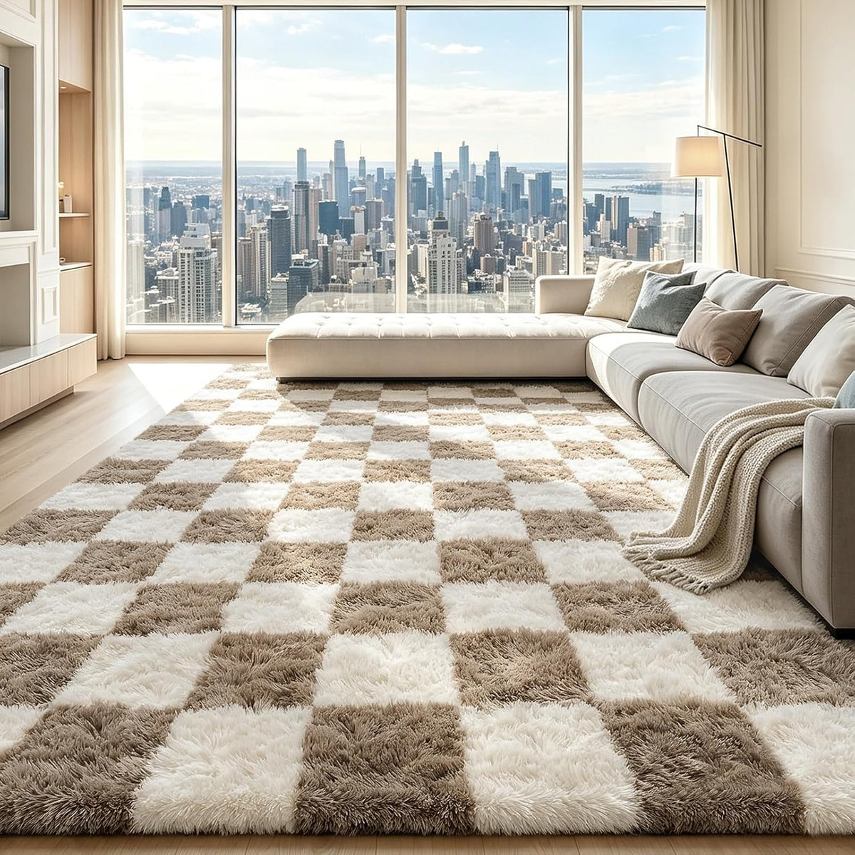 Mottled Beige 9x12 Area Rugs for Living Room, Fluffy Shag Rug Large Carpet