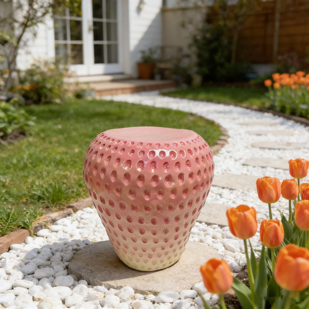 13.4" Cute Pig Side Table w/ Watermelon Top, Resin Plant Stand, Pink+Red