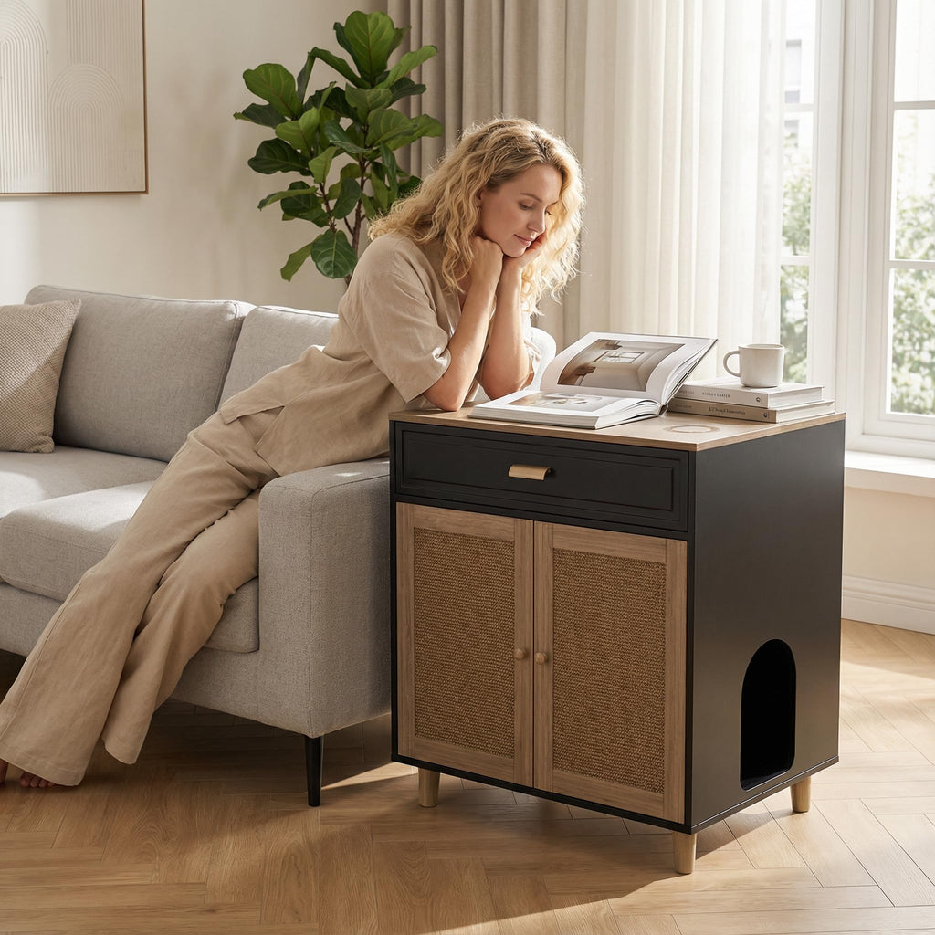 Cat Litter Box Enclosure Furniture Hidden Indoor 2-in-1 Wooden Cat & Washroom Cabinet with Scratching Board Doors and 3 Drawer for 2 Cats, 55"x20"x24"H
