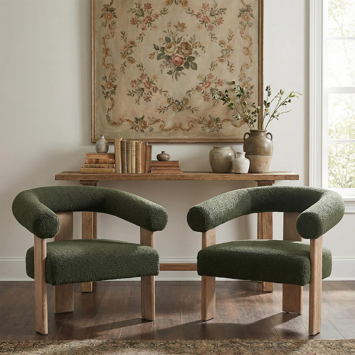 VKNOW Barrel Accent Chairs Set of 2 with Armrests and Rubberwood Legs