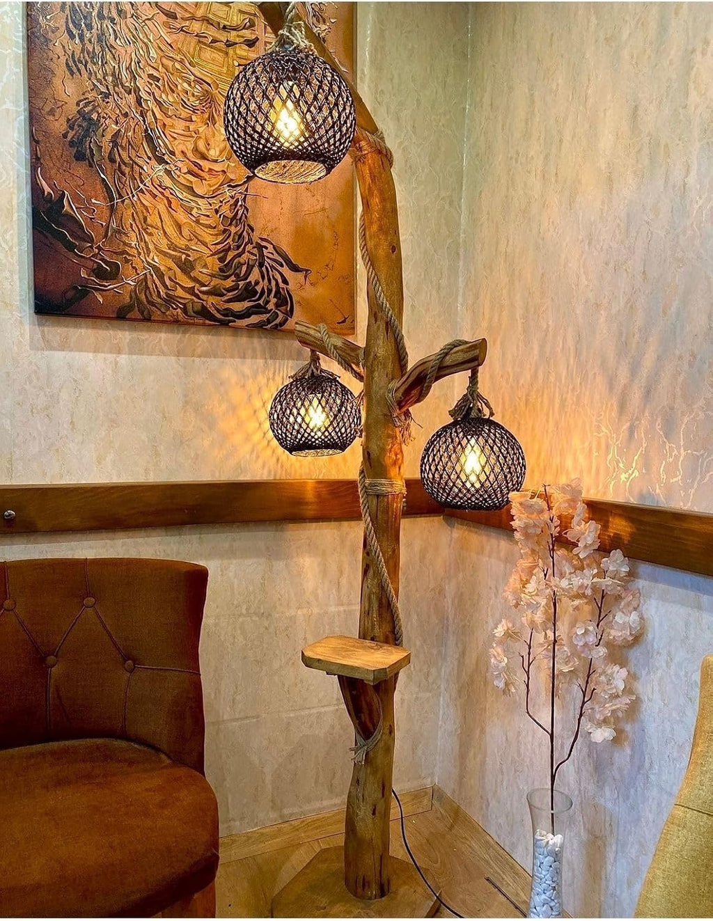 Tripod Floor Lamp 170-200cm Wood Trunk with 3 Black Shades - Corner Lighting - Pine