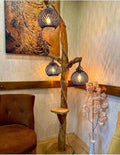 Tripod Floor Lamp 170-200cm Wood Trunk with 3 Black Shades - Corner Lighting - Pine