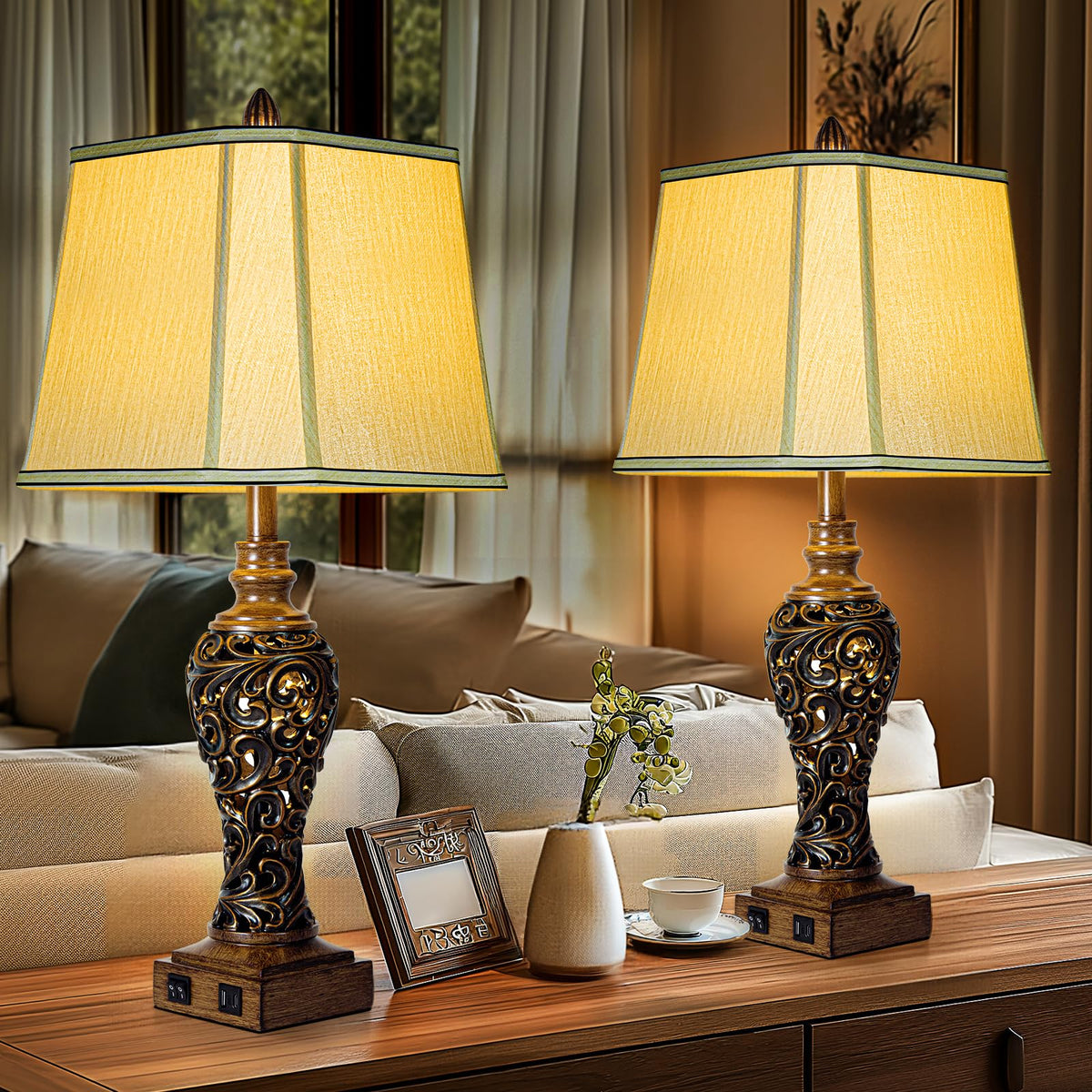 28.5" Farmhouse Table Lamp Set with Nightlights