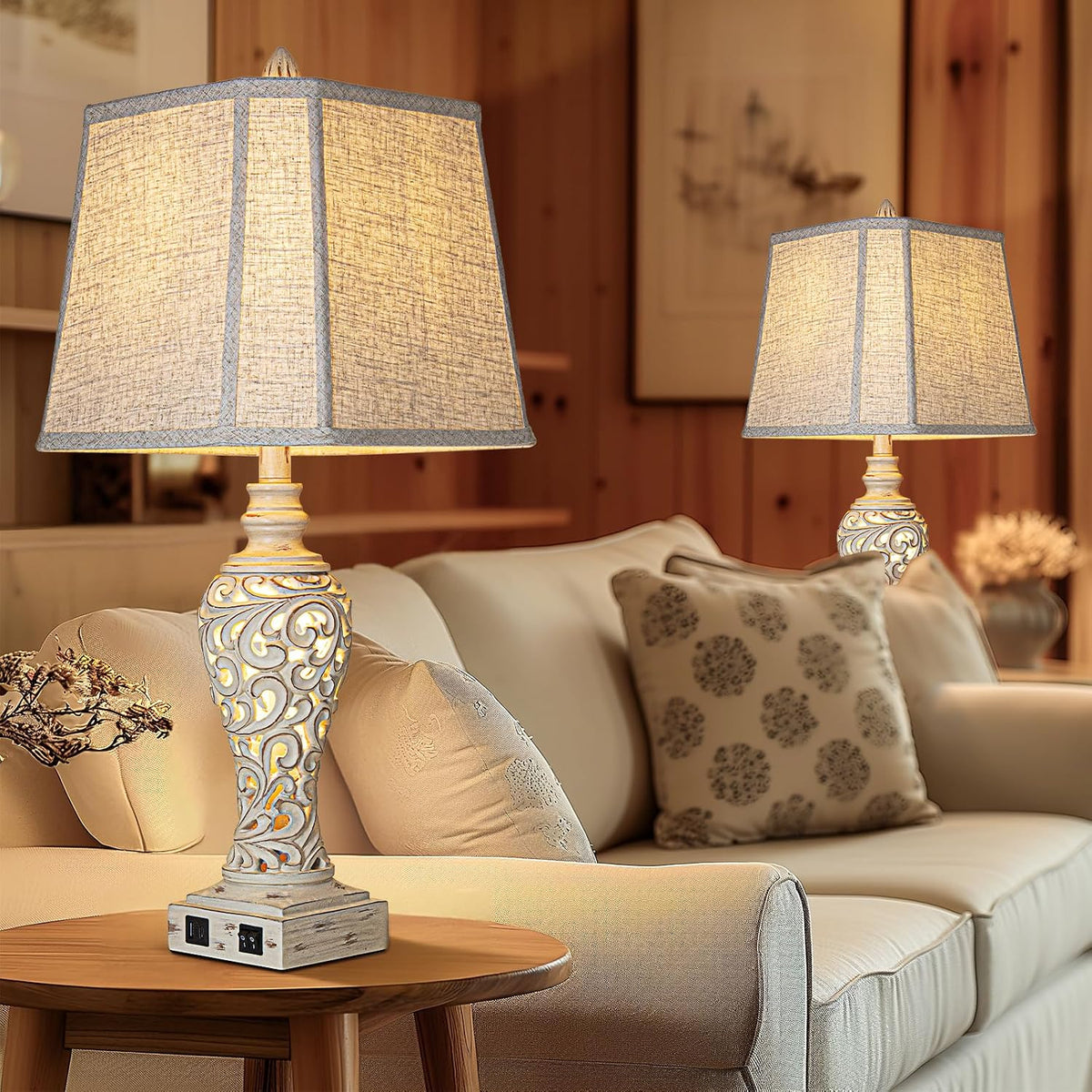 28.5" Farmhouse Table Lamp Set with Nightlights