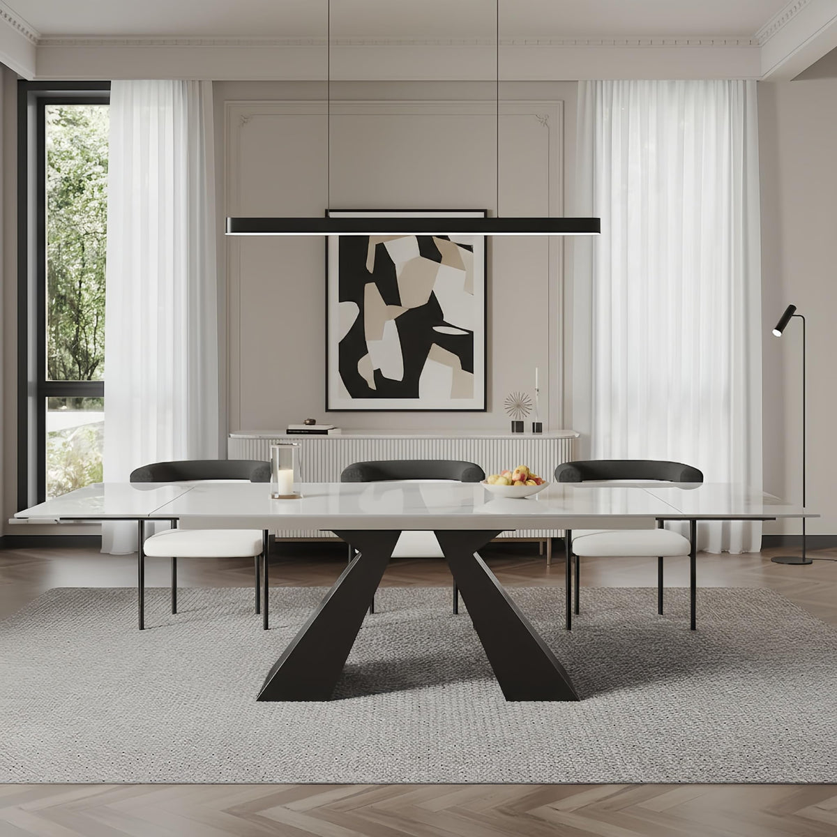 9 Piece Marble Expandable Table Set with 8 Comfy Dining Chairs