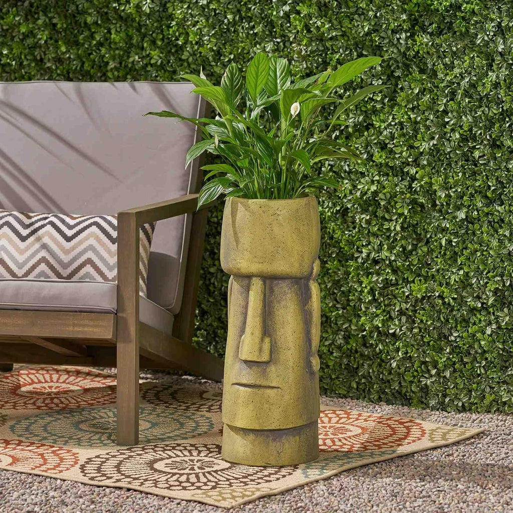 24 Inch Statue Planter, Antique Green Easter Island Head Urn with Weather-Resistant Magnesium Oxide, Decorative Face Planter for Indoor Outdoor Garden Patio Yard Decor