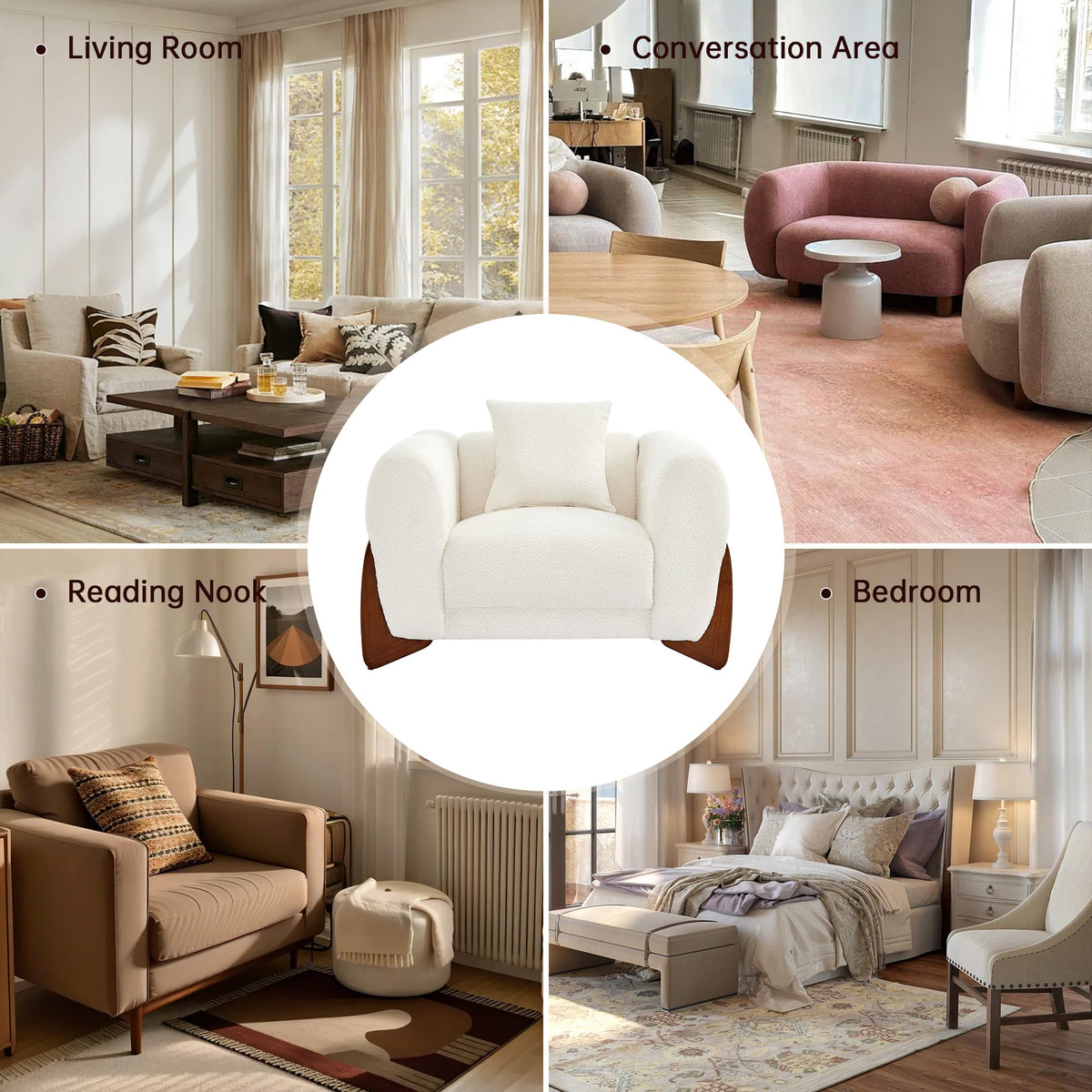 Morden Fort Boucle Chair, Upholstered Accent Chair Tilted Wooden Leg, White