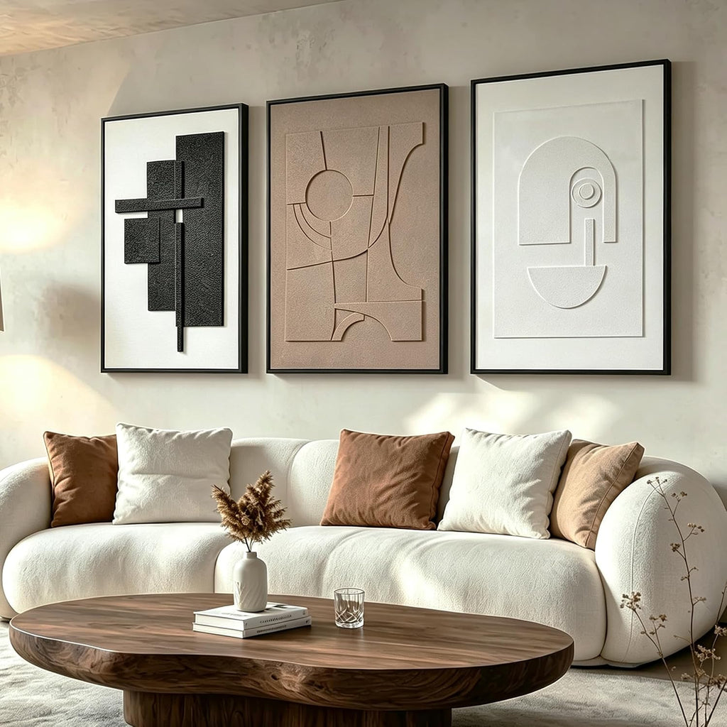 Framed 3D Geometric Sandstone Wall Art – Set of 3