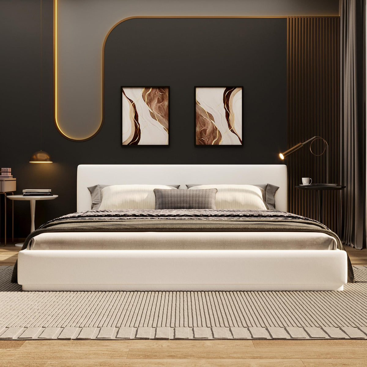 Queen Size Curved Upholstered Bed with Smart Ambient Lighting